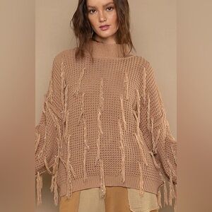 POL Mocha Mock Neck Tassel Fringe Oversized Sweater